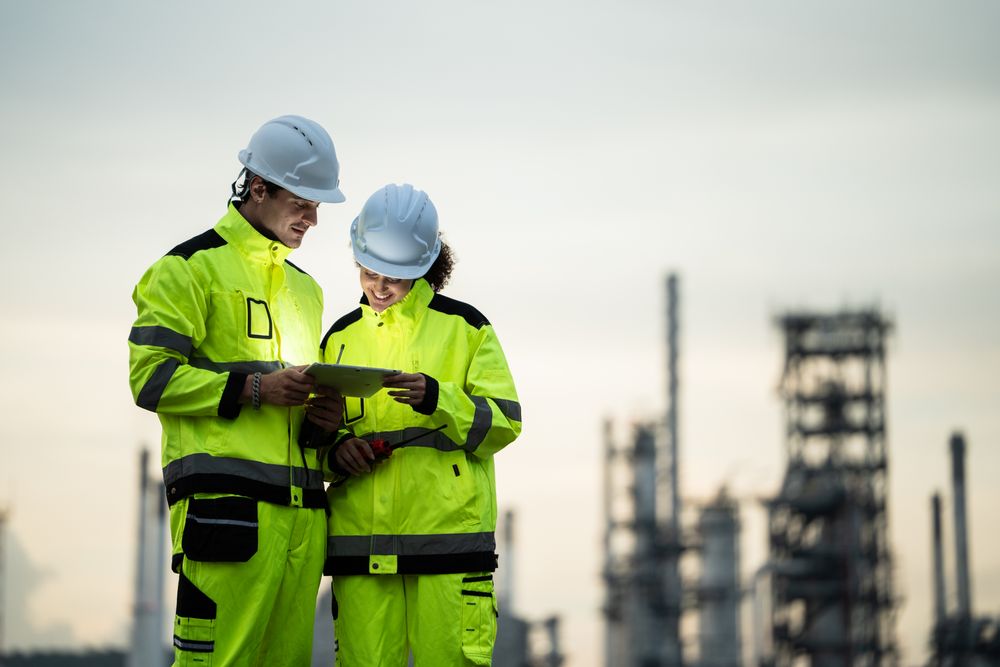 Engineer worker watching work monitor on digital tablet at refinery factory at night