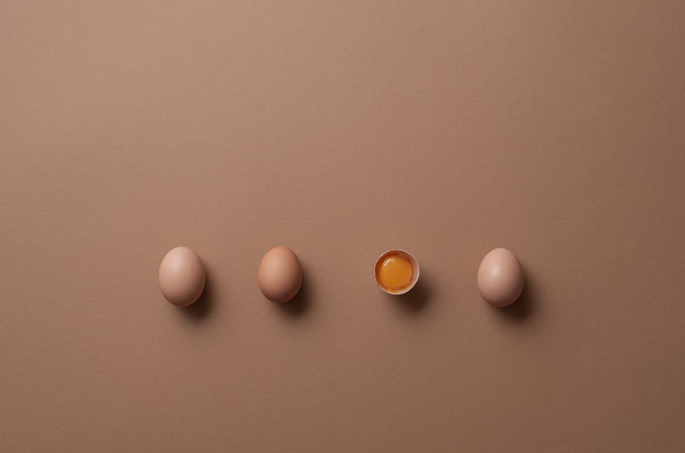 Organic eggs and one cracked egg with yolk