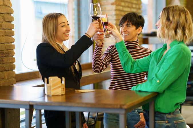 Female friends celebrating with drinks in a lounge together