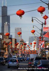 Street decorated with red lanterns in China Town, Chicago, Illinois, US 5QMM95
