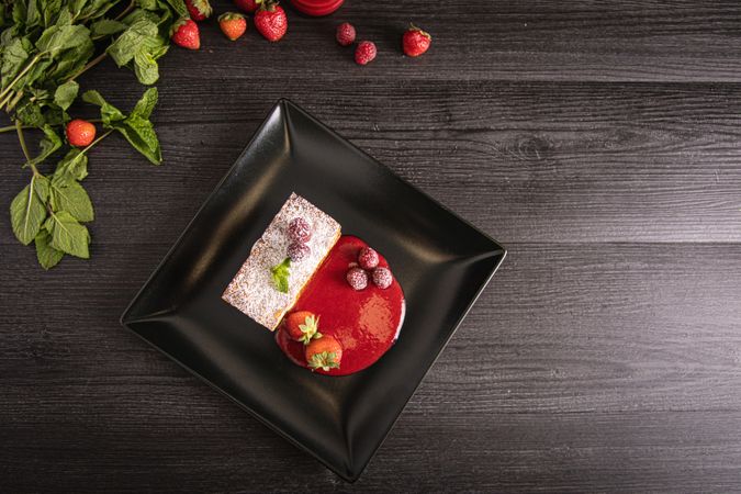 Diphlomate cream and red fruit strudel in elegant plate
