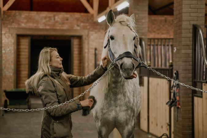 Woman hugging horse with long mane in face in stable