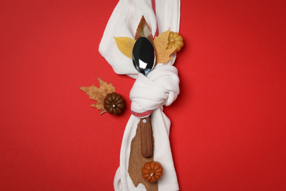 Concept of Thanksgiving day, Autumn table setting, top view