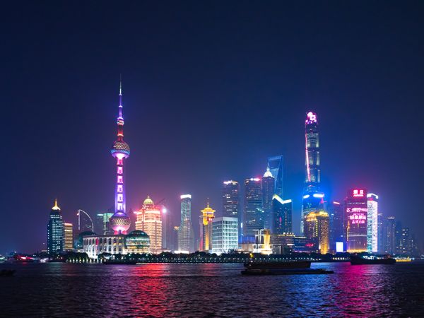 Lit City skyline in Lujiazui, Pudong, Shanghai, China at night