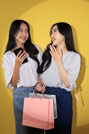 Two Shopaholic Friends Smiling After Shopping with Various Color Paper Bags