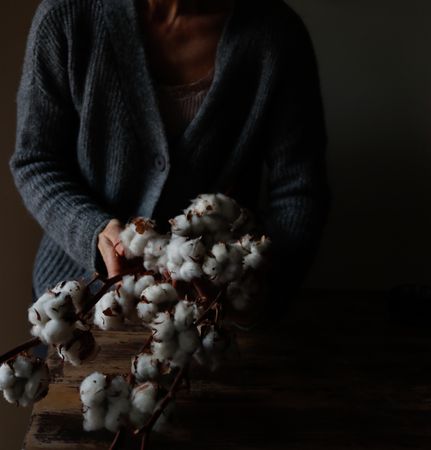 Crop woman with cotton twigs