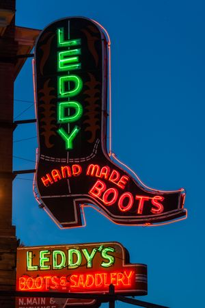 Neon sign for the Leddy's boot company in the Stockyards District of Fort Worth, Texas