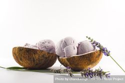 Side view of coconut shells with purple ice cream and pieces of lavender flowers 5o7wk5