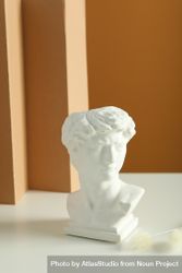 Bust on table with two dried flowers in brown room, vertical composition 5oJgz0