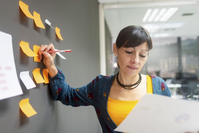 Businesswoman writing on sticky notes