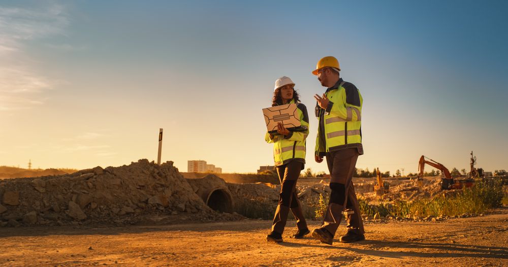 Male Architect And Hispanic Female Urban Planner Walking On Construction Site With Laptop Computer And Talking About New Real Estate Project. Construction Equipment Working. Golden Hour