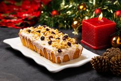 Fruit cake served on Christmas table