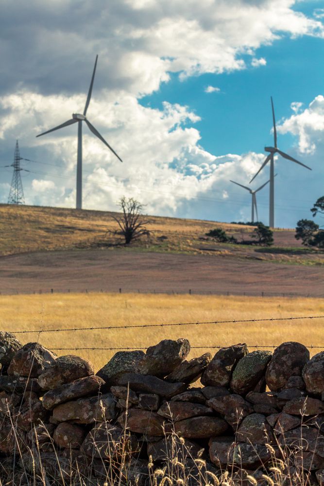 Wind turbine field surrounded by stone fence