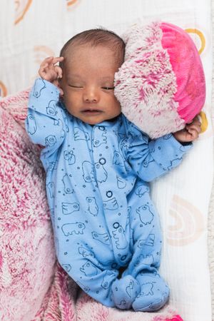 Newborn baby lying on big soft toy