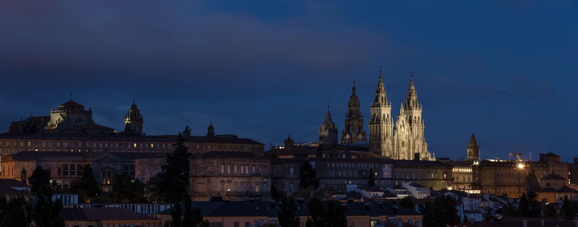 Santiago de Compostela wide panoramic view at night