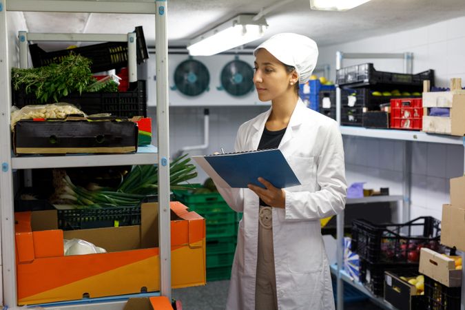 Sanitation inspector checking freezer in restaurant