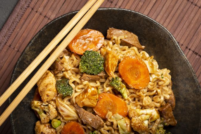 Yakisoba noodles. Yakisoba dish with meat, chicken and vegetables.