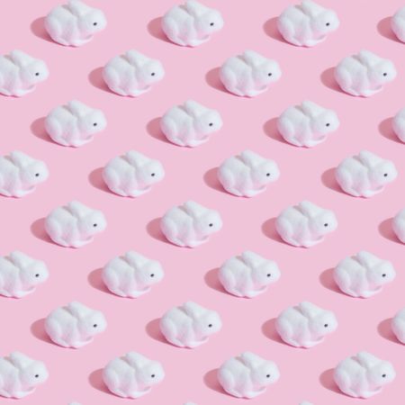 Bunny rabbits in rows on pink background