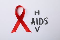Red awareness ribbon and words HIV and AIDS on blank background, close up