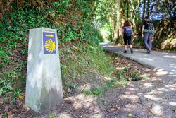 Milestone of Saint James way with pilgrims walking
