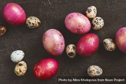 Top view of pink and gold eggs mixed with quail eggs on dark background 42Qn15