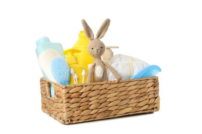 Baby hygiene accessories isolated on light background