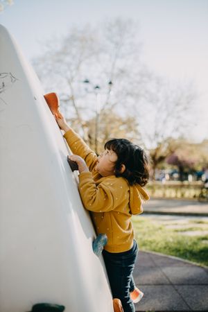 Child climbing a rock climbing wall in a park