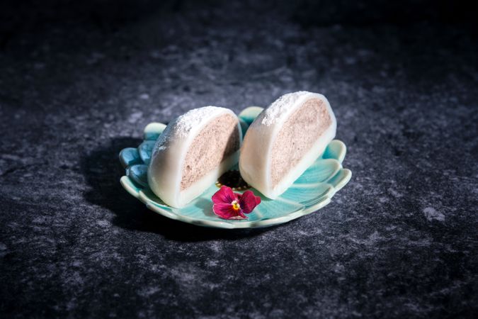 Delicious mochi dessert decorated with flower