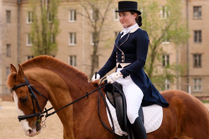 Focused dressage rider in outdoor sand arena