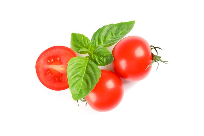 Fresh cherry tomatoes with basil isolated on blank background. Ripe vegetables