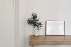 Minimal winter artistic composition blank horizontal wooden picture frame mockup