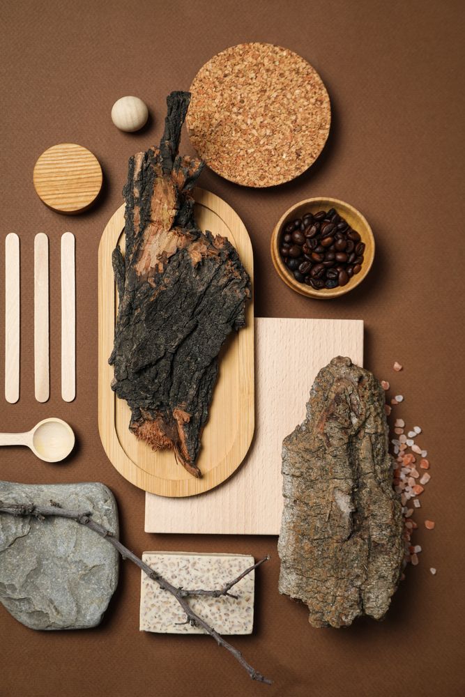 Flat lay of creative moodboard composition, top view