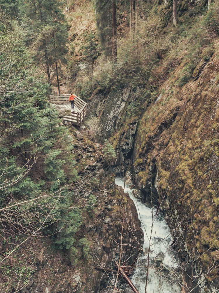 Traveller admiring picturesque view of mountain stream