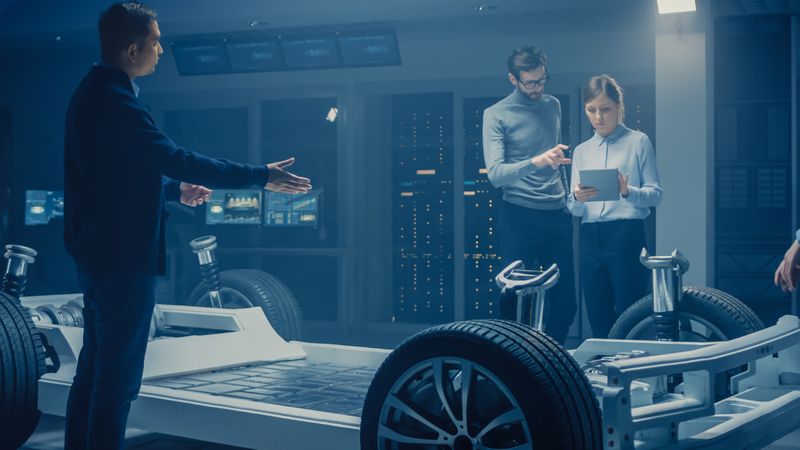 Automobile Engineers Discussing and Designing Electric Car Chassis Platform, Using Tablet Computers with 3D CAD Software.