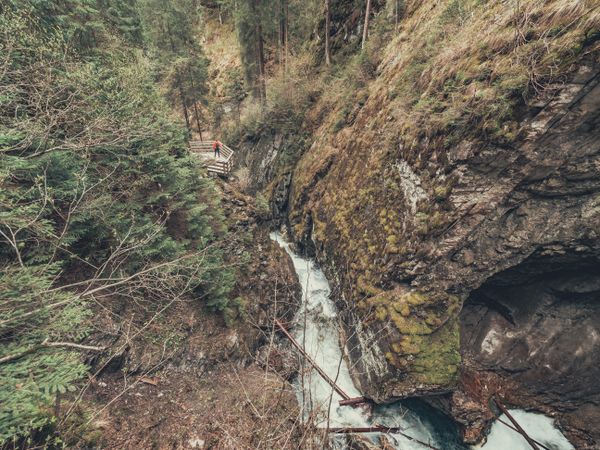 Traveller admiring picturesque view of mountain stream
