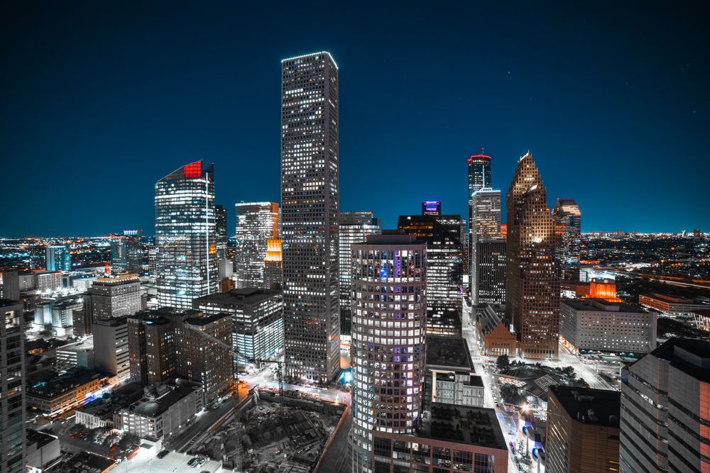 Top view of city buildings at night