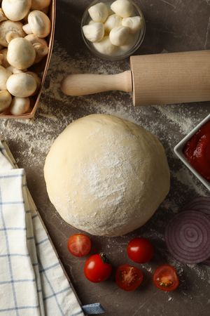 Ingredients for cooking pizza on gray background