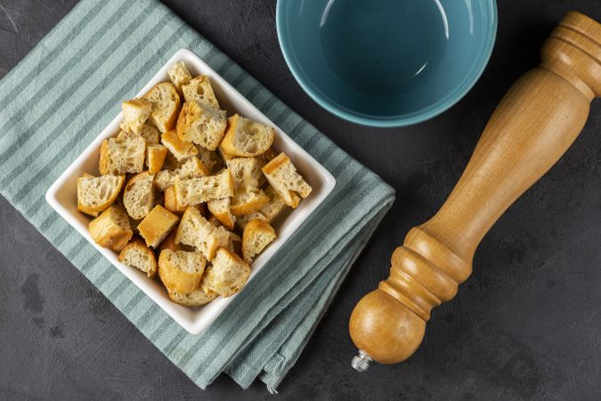 Delicious crunchy croutons on the table.