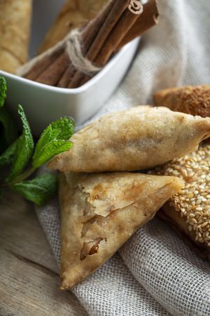 Typical Moroccan food on wooden table