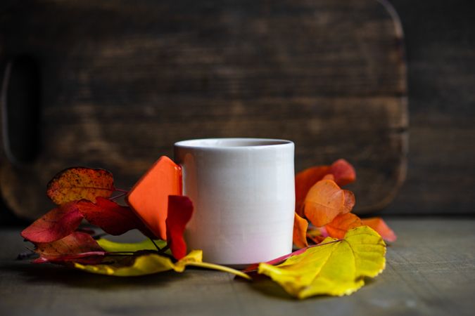 Side view of hot beverage in a mug surrounded by fall leaves