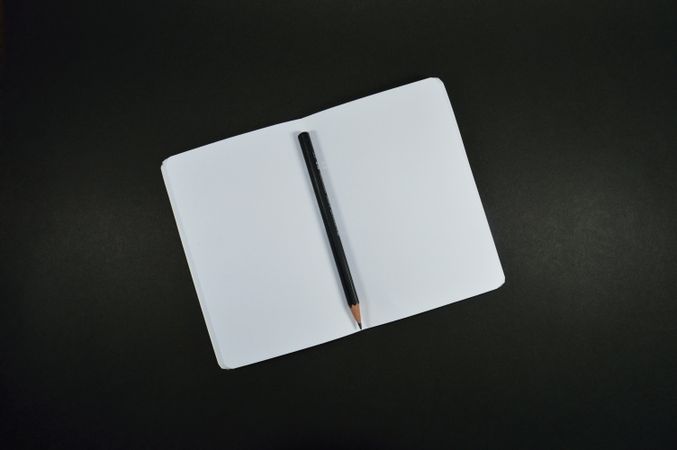 Top view of a pen in an open blank notebook