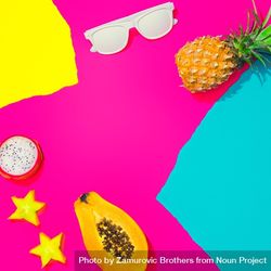 Pineapple, papaya, starfruit and sunglasses on pattern of ripped paper in vivid colors 4BByx4