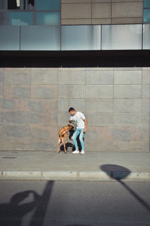 Man running and playing with his dog Boxer in a park