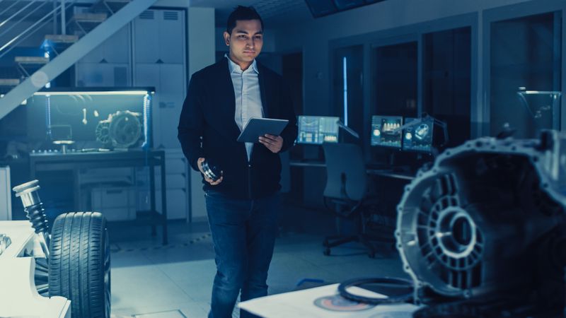 Development Laboratory Room with Professional Automotive Design Engineer Working on a Electric Car Chassis with Wheels, Batteries, Engine and Suspension.