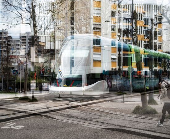 Unusual view of the city. Disappearing trams on the streets of the city of Strasbourg.