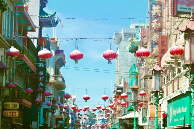 Red and green Chinese lanterns decorating the street
