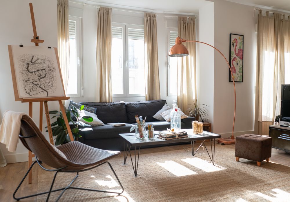 Light modern room decorated for Christmas