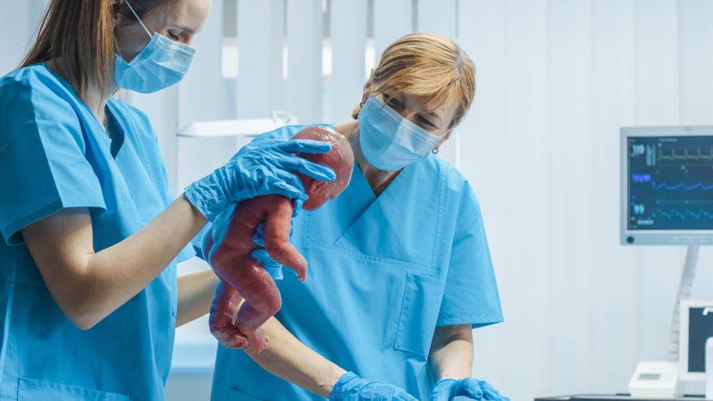 In the Hospital Woman in Labor Pushes and Gives Birth, Baby Comes out, Obstetricians Assist Delivery