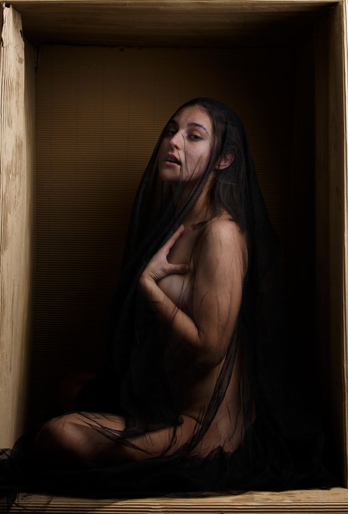 model under veil sitting in box
