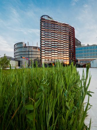 European Parliament building at sunset in Strasbourg, spring evening